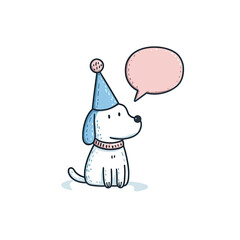 Adorable cartoon dog wearing a blue party hat and has a pink speech bubble