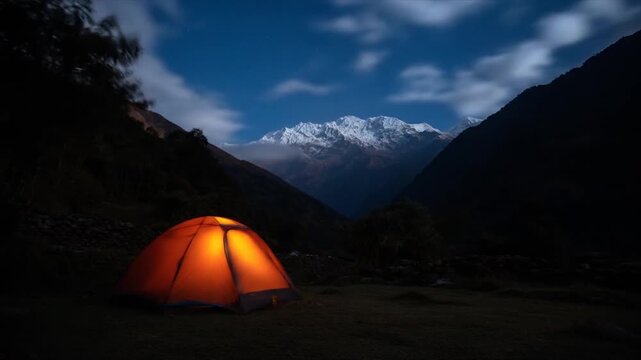 Illuminated tent with mountain range in the background at night