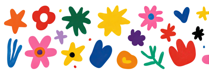 A vibrant composition of colorful, abstract flowers and shapes arranged against a black background