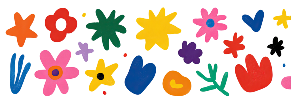 A vibrant composition of colorful, abstract flowers and shapes arranged against a black background - Powered by Adobe