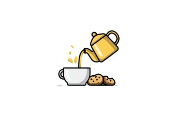 Illustration of a teapot pouring liquid into a cup with cookies beside
