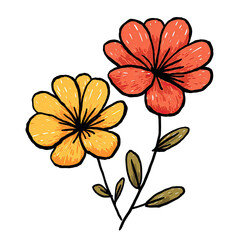 Illustration of two vibrant, stylized flowers, one orange, one yellow, with a black background