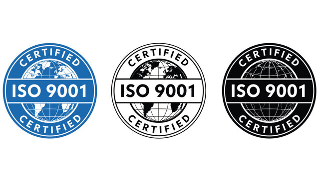 Three ISO 9001 certified emblems are displayed side by side.