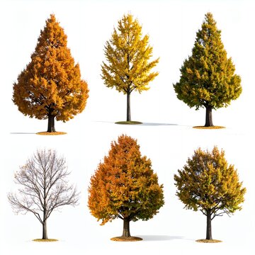 Collection of six diverse trees showcasing various seasons and foliage colors isolated on a white background.