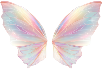 Iridescent, translucent wings with multiple pastel colors, resembling a butterfly, against a black background