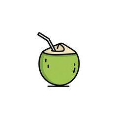 Obraz premium Cartoon-style illustration of a fresh green coconut with a straw, set against a solid black backdrop