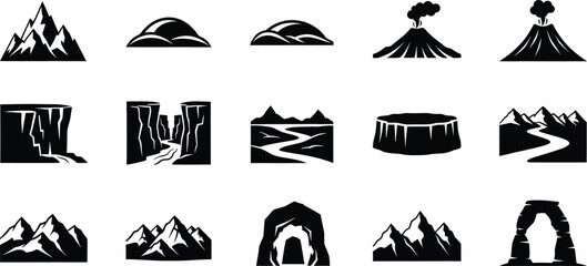 A comprehensive collection of black silhouette icons representing various geographical landforms and natural elements © Milon Store