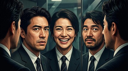 Confident businesswoman radiating joy amidst diverse male colleagues, symbolizing dynamic leadership and positive influence in a modern corporate environment, fostering inclusion and growth