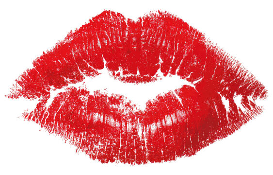 A vibrant red lipstick kiss print on a transparent background, creating a romantic visual impact