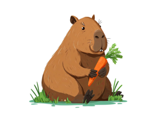 Animated capybara sits and eats a carrot, with green grass around it