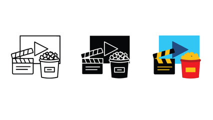 A set of movie icons including popcorn and clapper boards in different colors