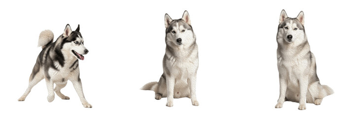 Siberian Husky Dog Isolated on White Background, Husky Studio Portrait, Sibirskiy Khaski, साइबेरियन हस्की, Arctic Sled Dog Cutout, Blue Eyed Purebred Canine, Wolf Like Pet Image, Puppy. © Badai