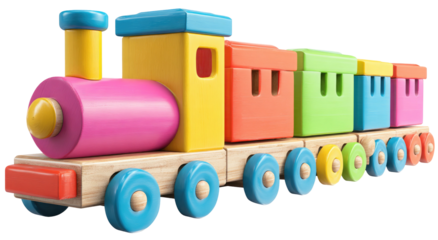 A brightly colored wooden toy train with multiple cars, isolated on a transparent background