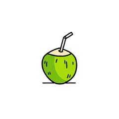 Obraz premium A cartoon green coconut drink with a straw in a minimalist flat design on a black background