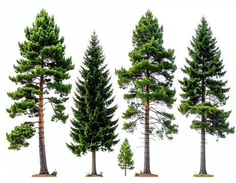 Collection of various evergreen pine trees isolated on a clean white background.