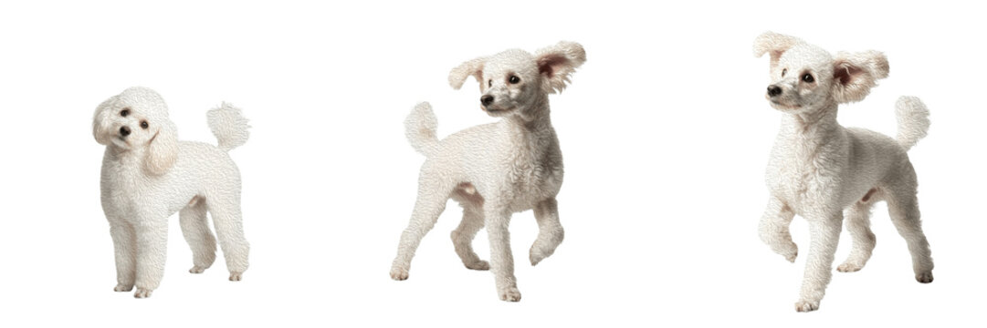 Poodle Dog Isolated on White Background, Standard Poodle Studio Portrait, Caniche, पुडल, Elegant Purebred Pet Cutout, Curly Haired Canine, French Poodle, Groomed Show Dog, White Toy Poodle Standing.