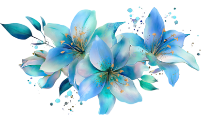 Watercolor illustration of light blue lilies, leaves, and bubbles against a transparent background