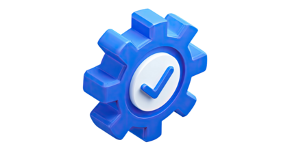 A 3D rendered image of a blue gear icon with a white check mark inside of it
