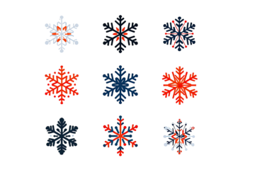 Nine stylized snowflakes in various color schemes, arranged in a grid on a black background