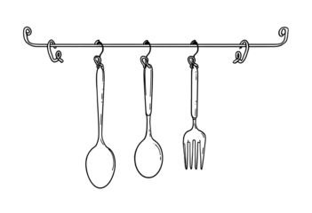 Black and white illustration of three kitchen utensils hanging on a metal rack