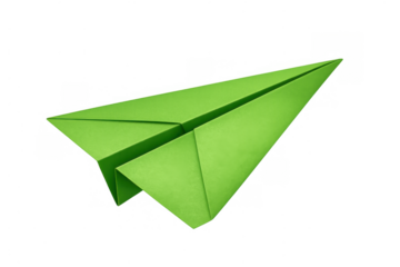 Green origami paper plane in flight, symbolizing travel, imagination, and messages, with transparent background for versatile use