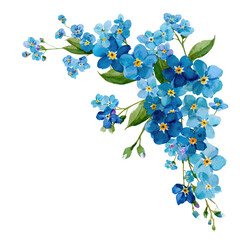 Delicate watercolor illustration of blue flowers with yellow centers, arranged in a corner design