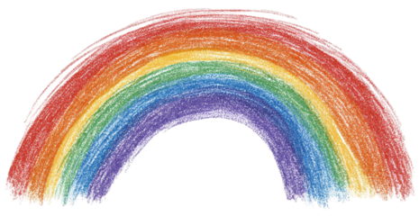 Crayoned depiction of a vibrant rainbow arching across a transparent background