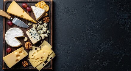 Various types of cheese on a wooden cutting board with grapes and walnuts.