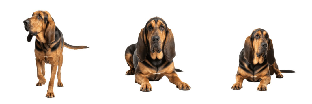 Bloodhound Dog Isolated on White Background, St. Hubert Hound Studio Portrait, Chien de Saint-Hubert, ब्लडहाउंड, Purebred Scent Hound Cutout, Long Eared Hunting Dog, Wrinkled Canine Image.