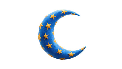 A stylized crescent moon made of blue material with embedded golden stars, set against a black backdrop