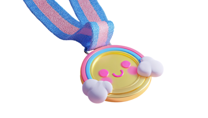 A 3D rendered medal with a smiling face, rainbow accents, and a blue and pink ribbon