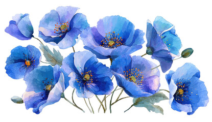 Watercolor depiction of a cluster of blue-toned flowers with yellow centers and green leaves