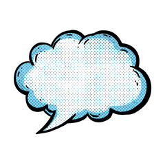 Comic book style cloud-shaped speech bubble with white interior, halftone texture, and black outline