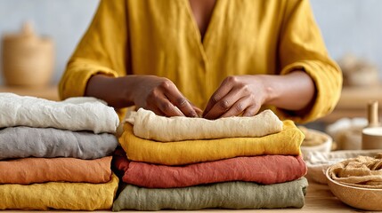 Woman in yellow linen folding a stack of colorful textiles. Realistic photography style. Used for housekeeping blogs, laundry service websites, or sustainable fashion articles.