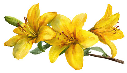 A vibrant watercolor painting of three yellow lilies, with green leaves, on a dark background