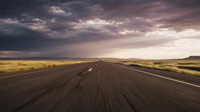 Long exposure shot of an empty highway stretching into the distance under a dramatic cloudy sky with warm tones and a vast grassy landscape.