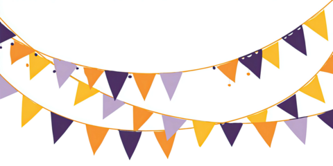 Two festive strings of colorful triangular flags, suspended against a transparent background