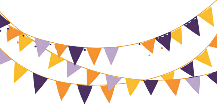 Two festive strings of colorful triangular flags, suspended against a transparent background - Powered by Adobe