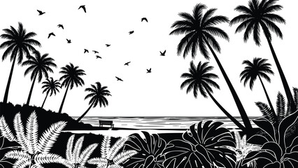 Tropical beach landscape silhouette with palm trees, ocean horizon and flying birds illustration, exotic summer nature scenery, travel paradise concept isolated on white background © MdMeherul