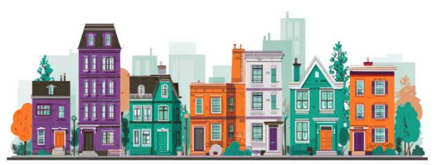 A vibrant illustration showcasing a row of diverse houses against a city skyline. Various colors