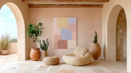 Sun-drenched patio with arched entryways, minimalist rounded furniture, and large terracotta planters. Ideal for luxury real estate, architecture magazines, and summer lifestyle travel blogs.