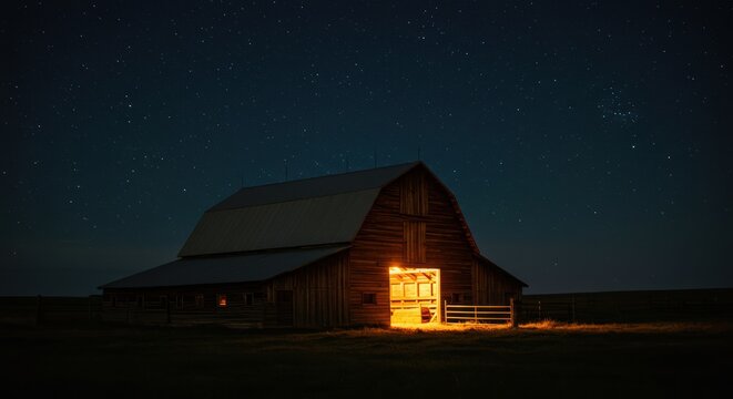 A peaceful barn at night, with only the sounds of crickets and occasional livestock noises.