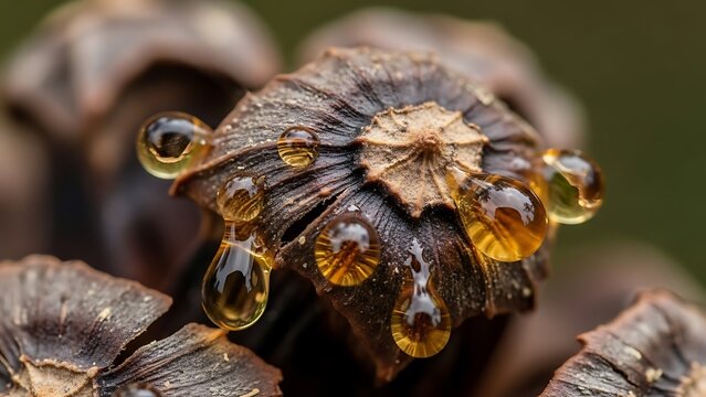 Macro photograph of pine cone with resin drops