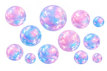 Floating iridescent soap bubbles creating a magical, ethereal background with glossy pink and blue spheres