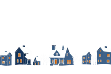 Snowy village scene featuring blue homes with lit windows, trees, and snow-covered rooftops