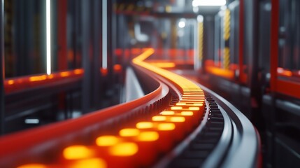 Futuristic conveyor belt with glowing elements in a modern factory