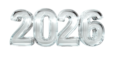 Isolated 2026 numerals in a glossy, silver, three-dimensional style, against a stark black background