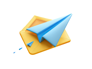 A 3D rendered cartoon image of a paper airplane emerging from a golden envelope on a black background