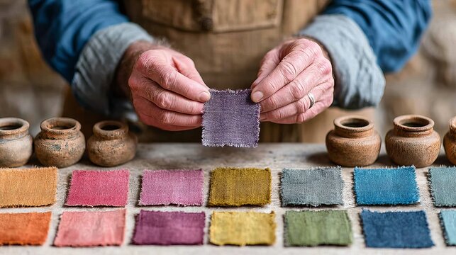 Close-up of a craftsman's hands holding a small, textured square of purple fabric over a workbench. In the foreground, two rows of various dyed fabric swatches in earthy tones like ochre, terracotta