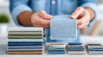 Close-up of a designer's hands selecting a light blue fabric swatch from a stack of various colored textiles. Perfect for upholstery websites, fashion blogs, and interior design portfolios.